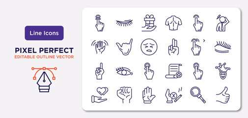 gestures outline icons set. thin line icons such as drag up, hand pointer, sad face, finger up, drag down, hand up, look thumb finger vector.