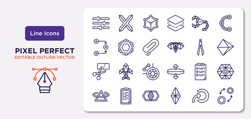 geometry outline icons set. thin line icons such as adjust, polygonal scorpion, clip, cut, properties, join, import, insert vector.