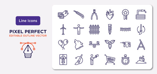 general collection. outline icons set. thin line icons such as live paint, winning, wooden fence, floating balloons, perforator, leader with loudspeaker, analog stopwatch, sand vector.