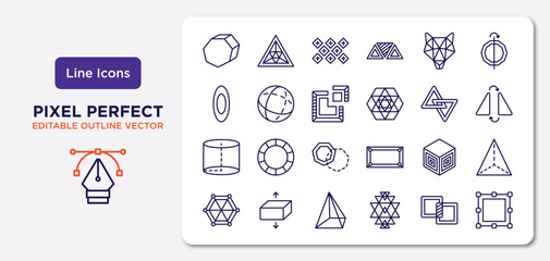 geometric figure outline icons set. thin line icons such as perspective, polygonal wolf head, segment, cylinder, side to side of a cube, prism, unite, bounding box vector.
