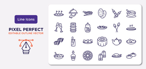 food and restaurant outline icons set. thin line icons such as maria mole, soya, cookies jar, dongpo pork, tea pot, cong you bing, peking duck, baozi vector.