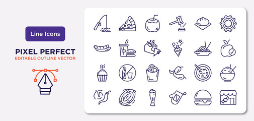 food outline icons set. thin line icons such as fishing tool, wonton, canadian, muffin bake, luosifen, jar of beer, hamburger with bacoon, candy shop vector.