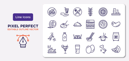 food outline icons set. thin line icons such as forbidden burguer, fuqi feipian, salver, alcoholic, chinese food box, pint,  , bananas vector.