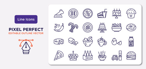 food outline icons set. thin line icons such as dog food, celebration cake, shuizhu, cheese wedge, eggs sillhouettes, wine bottles in a box, drive through, burguer vector.