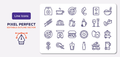 food outline icons set. thin line icons such as pack, restaurant menu, healthy shakes, mapo tofu, boiled egg, water glass,  , blend vector.