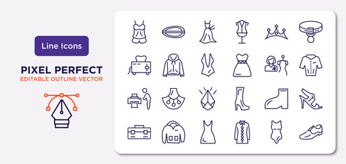 fashion outline icons set. thin line icons such as pajamas, diadem, women swimsuit, man printing, footwear, tunic, swimwear, men shoe vector.