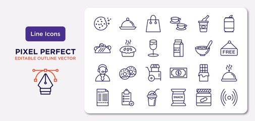 fast food outline icons set. thin line icons such as biscuit, yogurt, alcoholic drink, operator, chote, frappe, peanut butter, online vector.