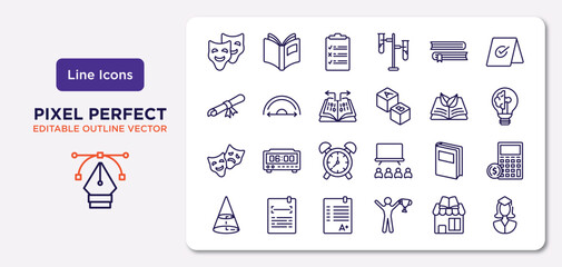 education outline icons set. thin line icons such as comedy mask, books couple, data funnelling, drama, book of black cover, test results, book shop, scholar vector.