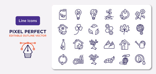 ecology outline icons set. thin line icons such as biofuel, green power, recycling, recycled bottle, green home, tree of love, save the earth, eco power vector.