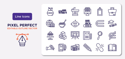 education outline icons set. thin line icons such as lunchbox, blank clipboard, kid, swinging, magnification lens, school calculator, binding, book with bookmark vector. - obrazy, fototapety, plakaty