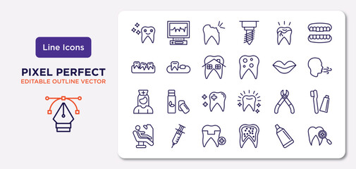 dentist outline icons set. thin line icons such as shiny tooth, broken tooth, dental house, male nurse, tooth pliers, molar crown, toothpaste tube, dental checkup vector.