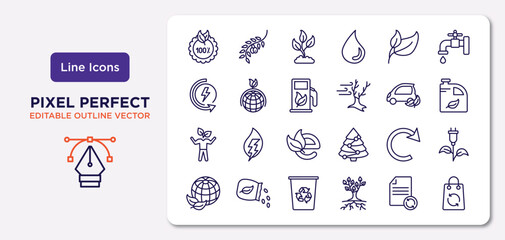 ecology outline icons set. thin line icons such as 100 % natural badge, two leaves, bio fuel, eco volunteer, reload, recycle bin, recycled paper, recycled bag vector.