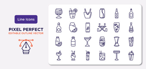 drinks outline icons set. thin line icons such as brandy glass, alcohol, soda can, juice bottle, jigger, blue lagoon, irish sour, coffee bean vector.