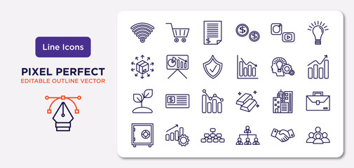 digital economy outline icons set. thin line icons such as wireless, social media, insurance, sprout, buildings, hierarchical structure, deal, population vector.