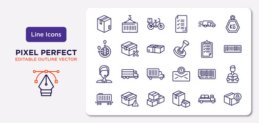 delivery and logistic outline icons set. thin line icons such as box, delivery by car, parcel, support, bar code, freight, moving, delivery safety vector.