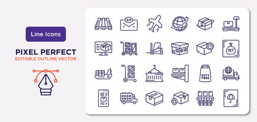 delivery and logistic outline icons set. thin line icons such as pallet, delivery, forklift, logistic ship, duty free, packages, conveyor, logistic umbrella vector.