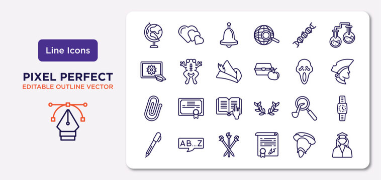 education outline icons set. thin line icons such as earth globe, dna, robin hood, attachment, sherlock holmes, three musketeers, don quixote, student vector.