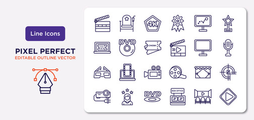 cinema outline icons set. thin line icons such as cinema clapperboard, animation, tickets, 3d glass, cinema curtain, dvd, movie theatre, big play button vector.