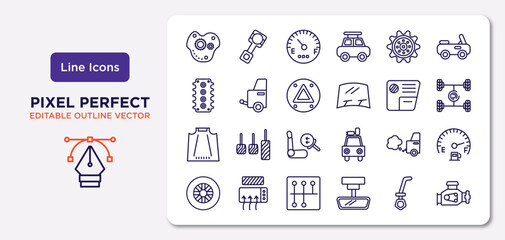 car parts outline icons set. thin line icons such as car oil pump, car sprocket, hazard lights, bonnet, exhaust, gearbox, dipstick, engine vector.