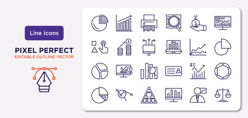 business and analytics outline icons set. thin line icons such as graph pie, debt, connected data, circular chart, analytic visualization, hierarchy, businessman analysis, legal vector.