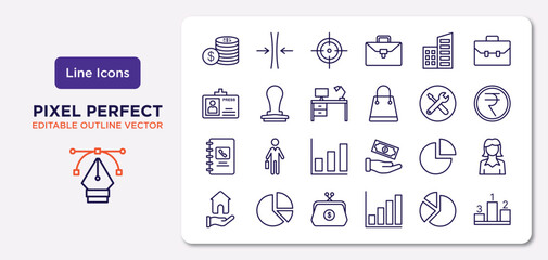 business outline icons set. thin line icons such as stacks of coins, corporation, work table, address book, pie graphic, coin purse, circular pie chart, ranking factor vector.