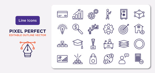 business outline icons set. thin line icons such as bank card, big safe, graphic panel and man, hierarchy structure, stack, supermarket bag, man talking, tax calculate vector.
