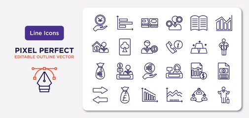 business outline icons set. thin line icons such as yen coin on hands, story, man with money gears, euro money bag, profit report, measure success, work parteners, man succesing vector.