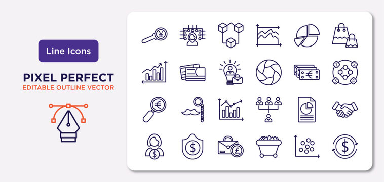 business outline icons set. thin line icons such as yen business search, portion pie chart, success man, euro under magnifier, pie chart file, pounds bag of business, scatter chart, return of