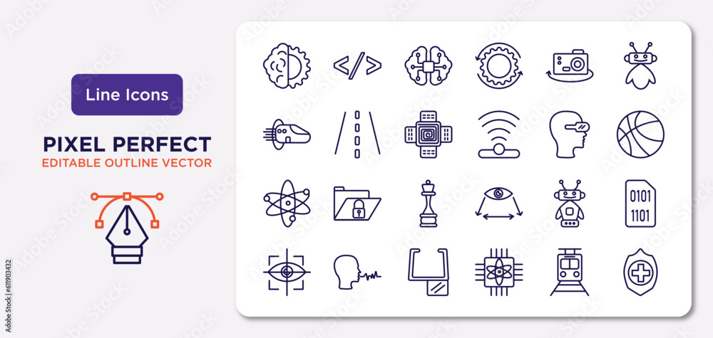 Poster artificial intellegence outline icons set. thin line icons such as deformity, ar camera, nano sensor