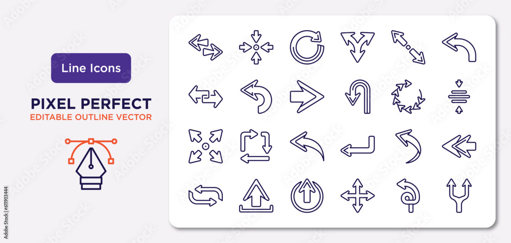 Poster arrows outline icons set. thin line icons such as left right, diagonal resize, right arrow, expand, 