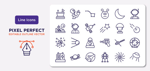 astronomy outline icons set. thin line icons such as moonwalker, big moon, inclined satellite, space junk, voyager, aerospace, milky way, big ufo vector.