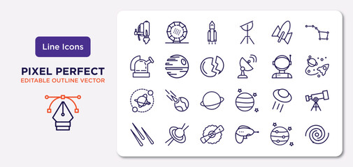 astronomy outline icons set. thin line icons such as jet pack, rocket start, destroyed planet, planets, ufo and cow, gamma ray, jupiter with satellite, black hole vector.