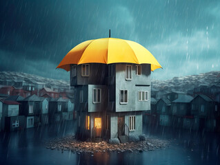 Home Insurance Concept. The House under umbrella. Protection from rain symbolizes the coverage offered by the insurance company. Ai Generative.