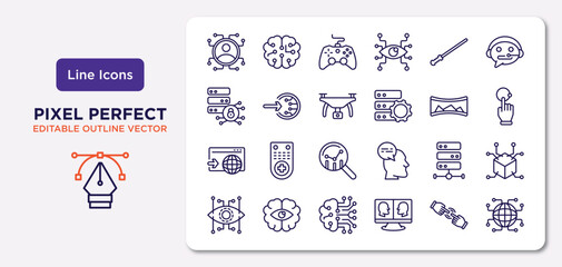 Fototapeta na wymiar artificial intelligence outline icons set. thin line icons such as users, ar wand, drone, visit, big data, cookies, finger control, vector.