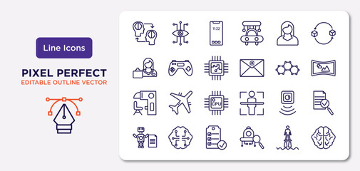artificial intellegence outline icons set. thin line icons such as mind transfer, personal assistant, chip, sensorama, motion sensor, check list, flyboard, brain vector.