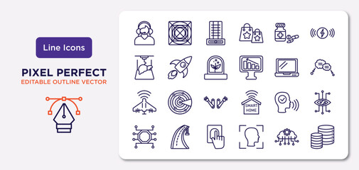 artificial intellegence outline icons set. thin line icons such as assistant, medicine, artificial atmosphere, unmanned aerial vehicle, voice recognition, biometrics, cloud intelligence, database