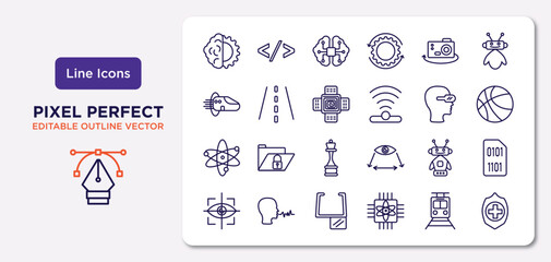 artificial intellegence outline icons set. thin line icons such as deformity, ar camera, nano sensor, science, robots, ar monocle, train, healthcare vector.