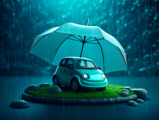 Road Safe Assurance: Unwavering Support and Protection for Your Vehicle. Your Reliable Car Insurance Company, Automobile under the umbrella in rainy day. Safety concept. Ai Generative - obrazy, fototapety, plakaty