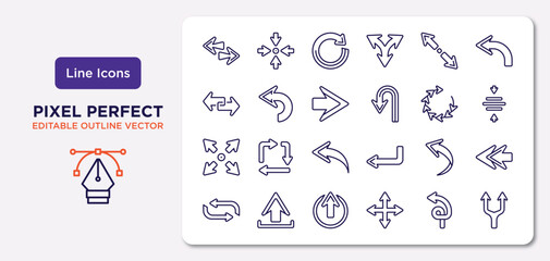 arrows outline icons set. thin line icons such as left right, diagonal resize, right arrow, expand, curved arrow, enter up, spiral arrow, splitting vector.