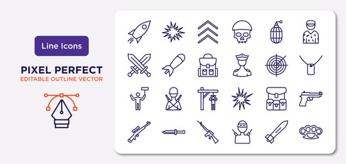 army and war outline icons set. thin line icons such as launcher, whizbang with rong, backpack, revolt, army backpack, automatic gun, torpedo, knuckle vector.