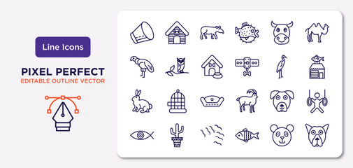 animals outline icons set. thin line icons such as elizabethan collar, cows, doghouse, sitting rabbit, boxerhead, flock of birds, chinese panda bear, pit bull vector.