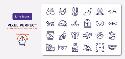 animals outline icons set. thin line icons such as pet food, bunny, whale zone, fishbowl, paw, pet shop, hunted, monster mouth vector.