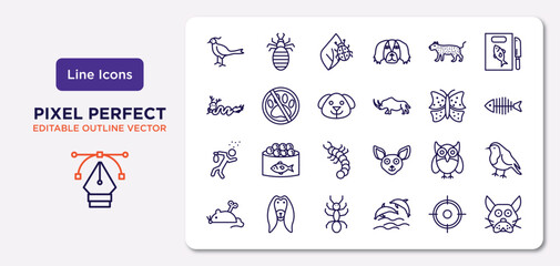 animals outline icons set. thin line icons such as pheasant, leopard, dog head, drunk, big eyes owl, ant, hunt, japanese cat head vector.