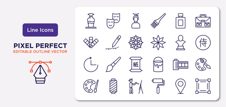 art outline icons set. thin line icons such as fountain jar, bottle of perfume, islamic art, timelapse, photo film, painter painting, spot, cutting tool selection vector.