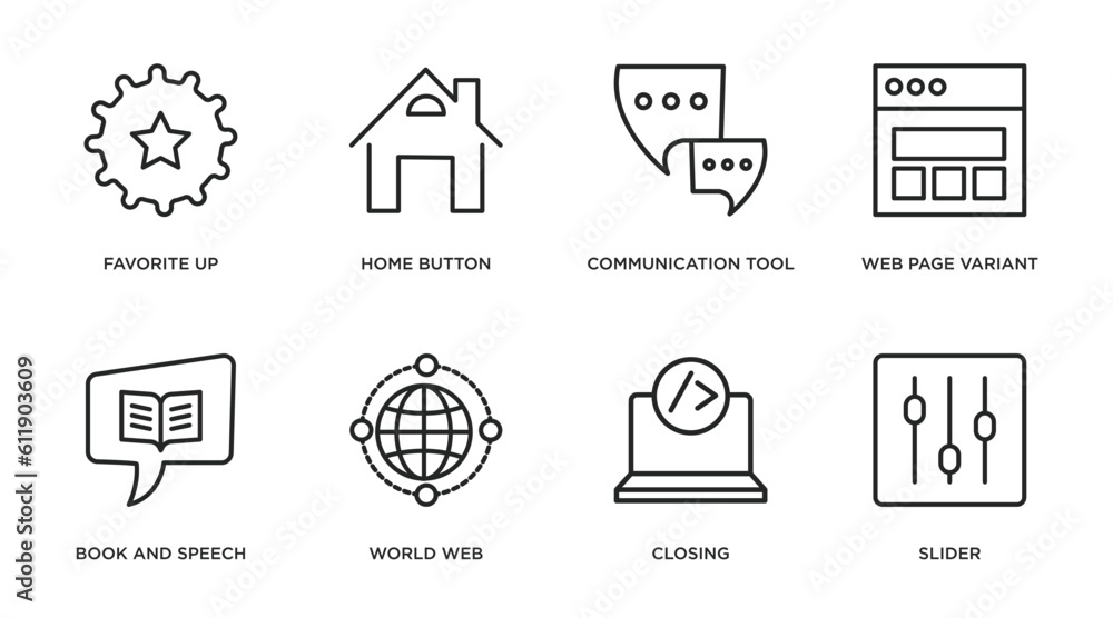 Poster web outline icons set. thin line icons such as favorite up, home button, communication tool, web pag