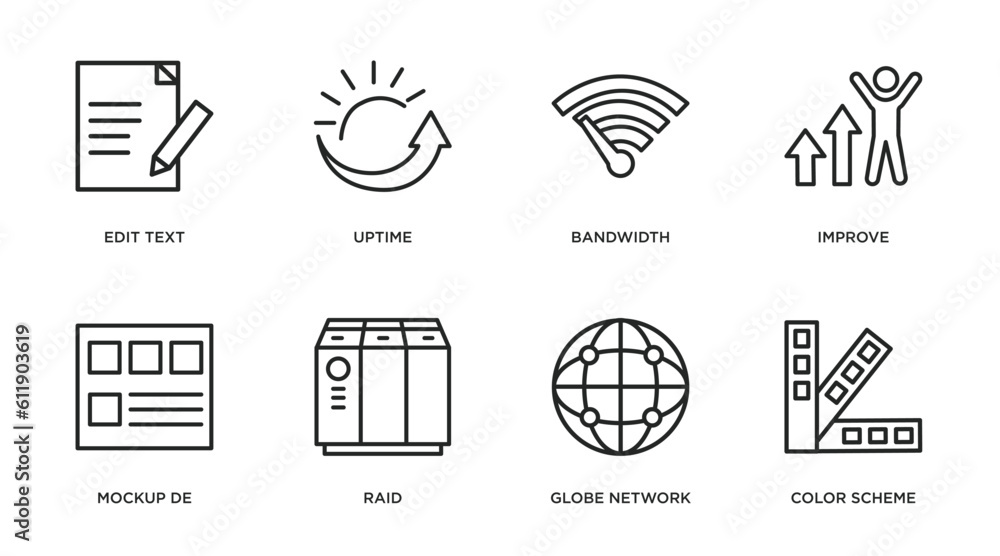 Poster web hosting outline icons set. thin line icons such as edit text, uptime, bandwidth, improve, mockup