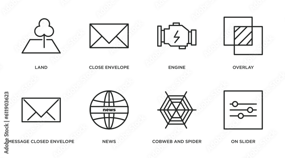Poster web outline icons set. thin line icons such as land, close envelope, engine, overlay, message closed