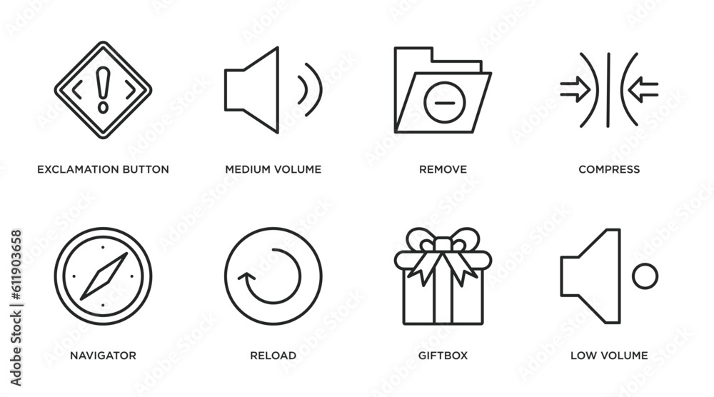 Poster user interface outline icons set. thin line icons such as exclamation button, medium volume, remove,