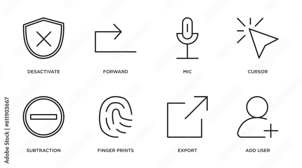 Poster user interface outline icons set. thin line icons such as desactivate, forward, mic, cursor, subtrac