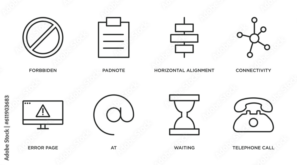 Poster user interface outline icons set. thin line icons such as forbbiden, padnote, horizontal alignment, 